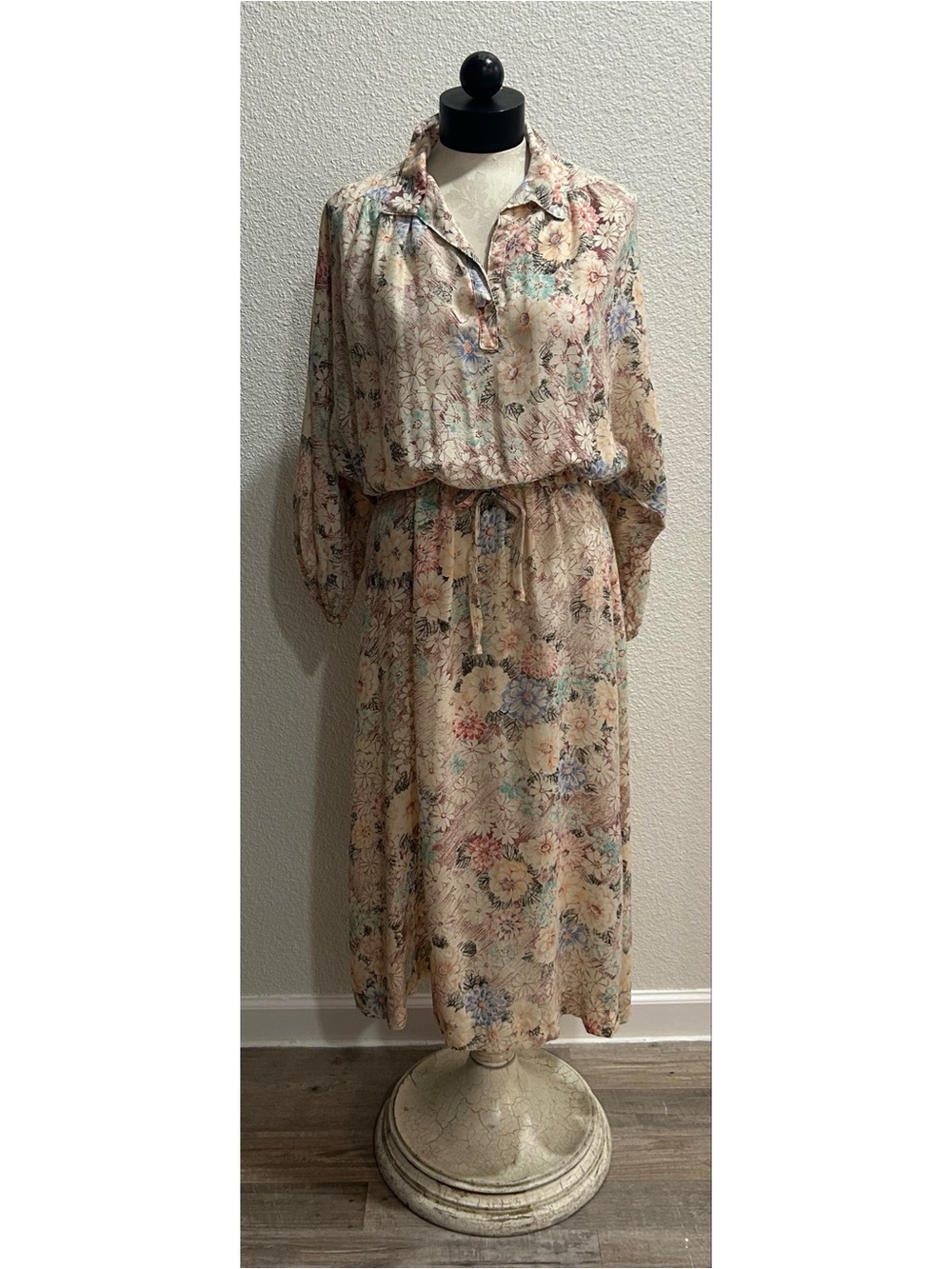 ACT I Women's Vintage 80s Floral Long Sleeve Midi Dress M / L Cream Cottage Core